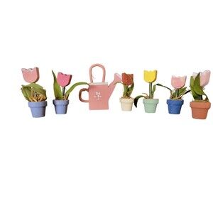 Vintage Miniature Dollhouse Tulips And Watering Can Wood Hand Painted
